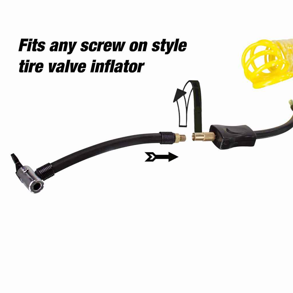 air compressor hose connecting to screw on valve tire inflator