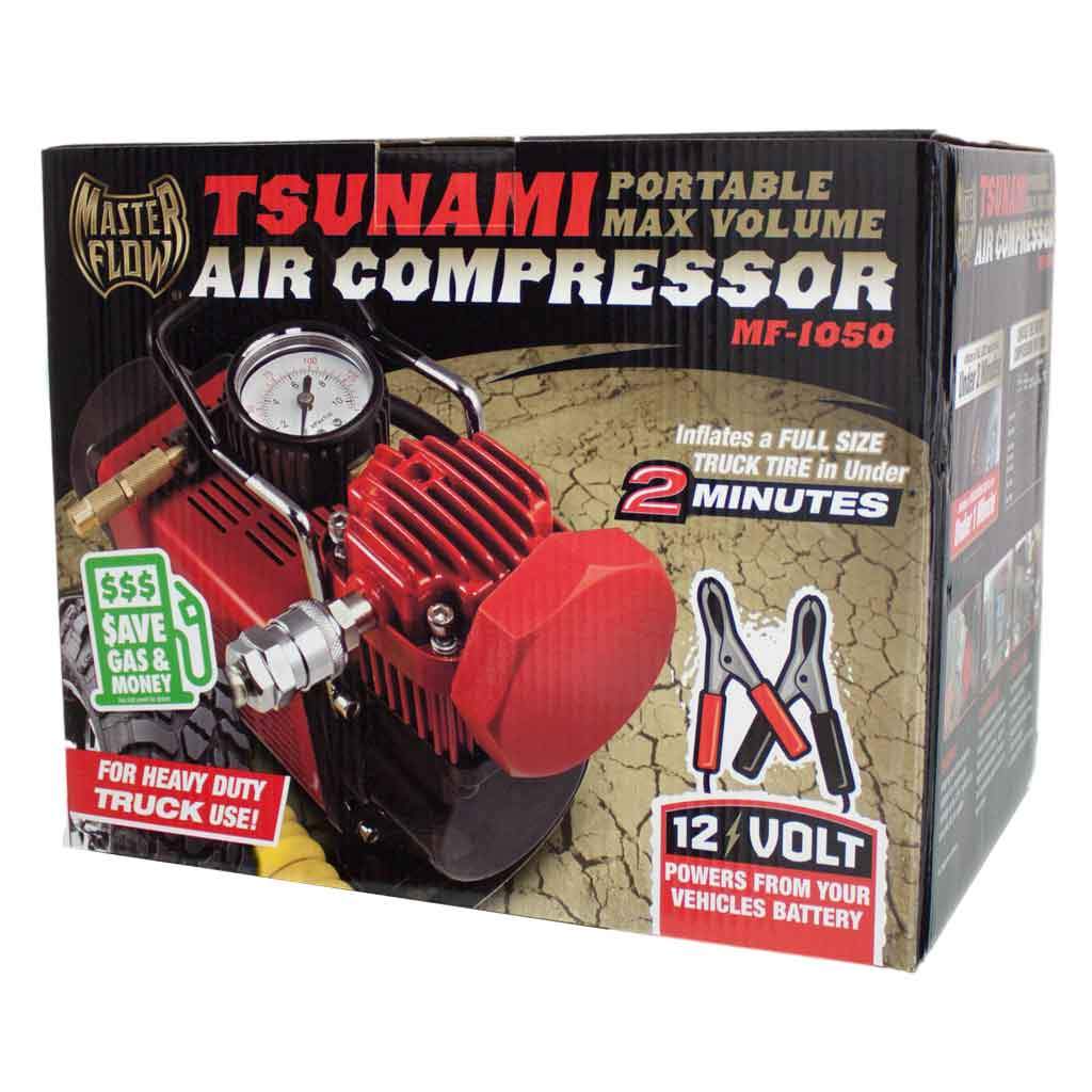 Retail color box of the red Tsunami 12 volt air compressor with battery clips