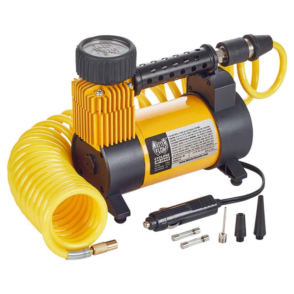 MasterFlow MF-1040 Cyclone air compressor for standard sized vehicle, pickup and SUV tires powers from your cigarette lighter